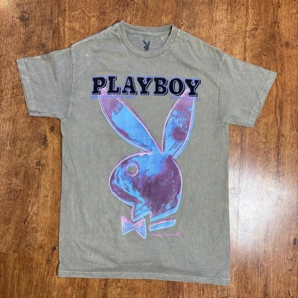 greyish green minor tie-dye style Playboy Bunny graphic T-shirt